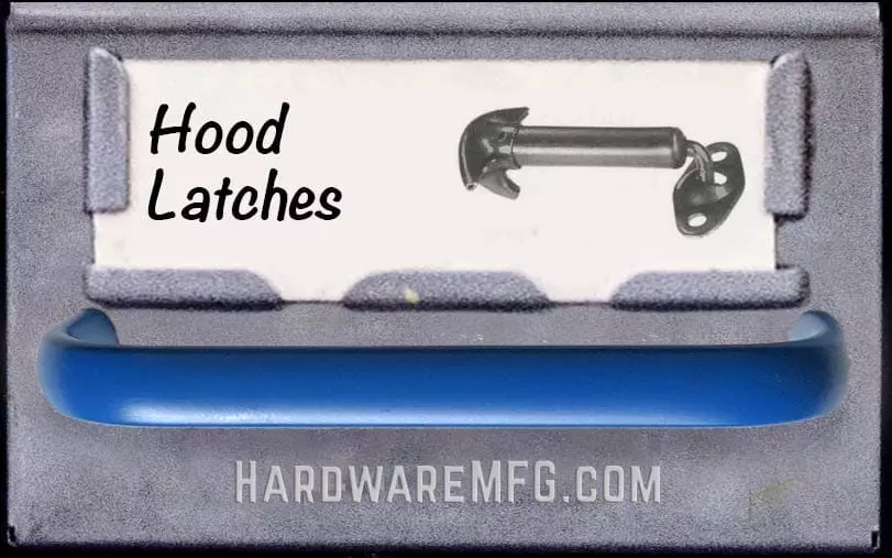 Image of a hardware parts drawer titled: Hood Latches