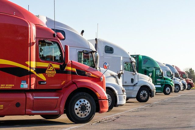 Row of parked semi-trucks with various colors.