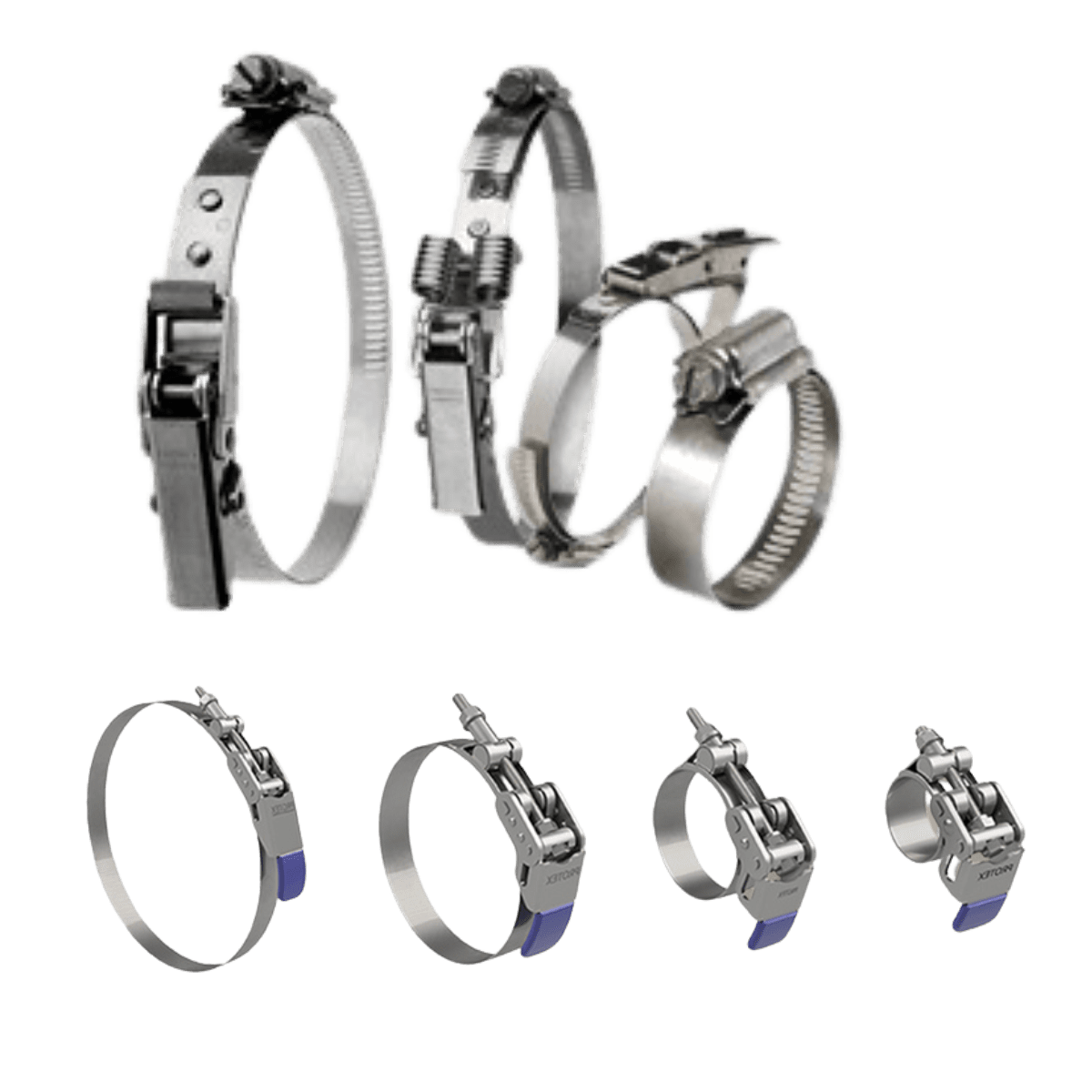 Group of various sizes and types of clamps.