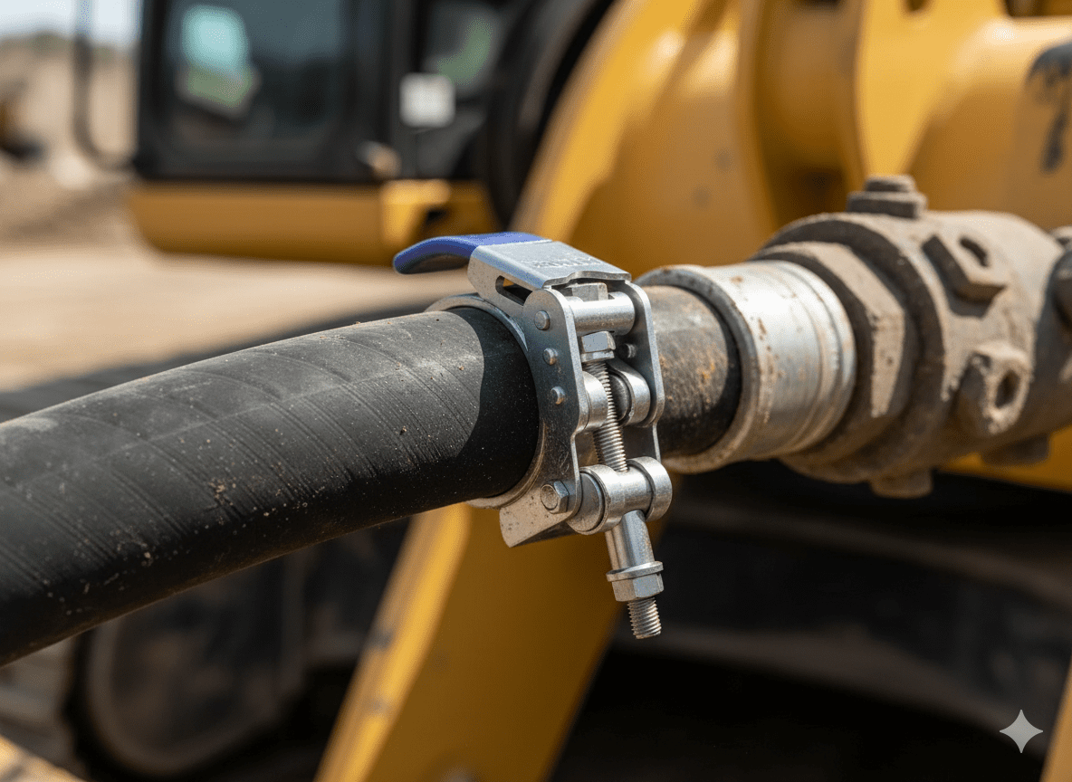 Example of SuproClamp in use connecting a hydraulic hose to metal fitting on a piece of heavy construction equiplment.