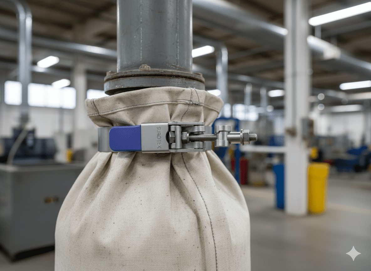 Example of SuproClamp in use, securing a filter bag to pipe system.